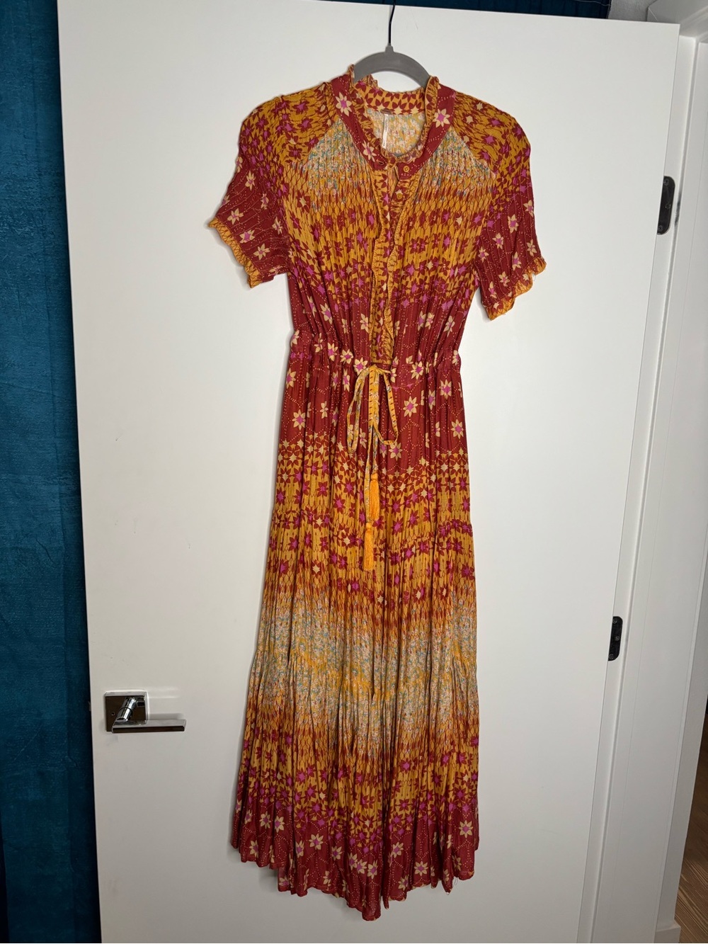 Free People Floral Smocked Maxi Dress in Rust, Mustard & Pink